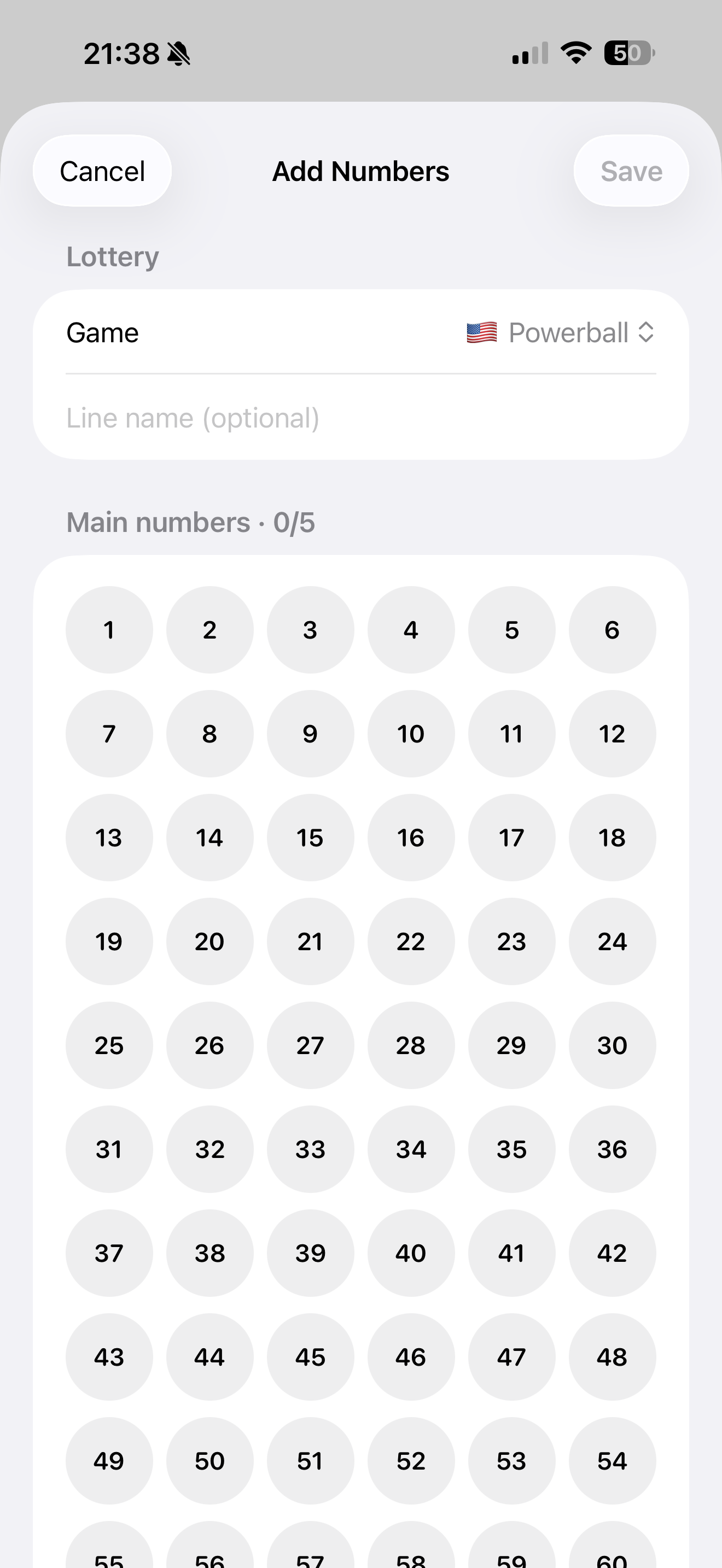 Add Numbers screen in LottoScope with Powerball selected and the main number grid ready for a new saved line