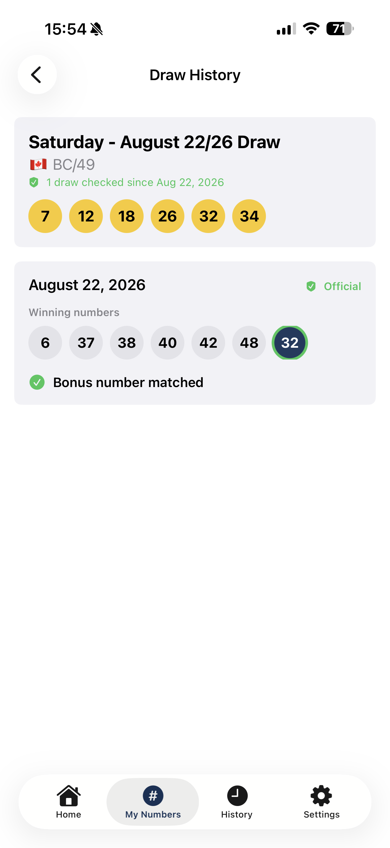 Draw History screen in LottoScope showing an official BC/49 result with the matched bonus number 32 highlighted